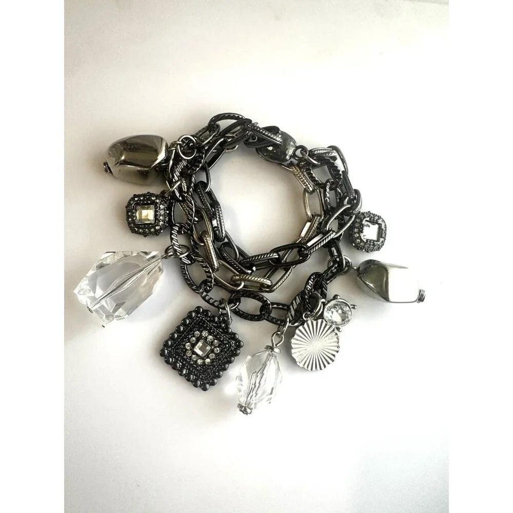 Gunmetal Multi Strand Charm Bracelet Crystal Rhinestone Chunky Statement 7
